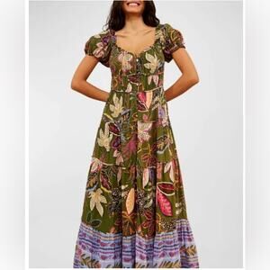 NWT Farm Rio Green Wild Jungle Corset Midi Dress Tropical Floral Travel S